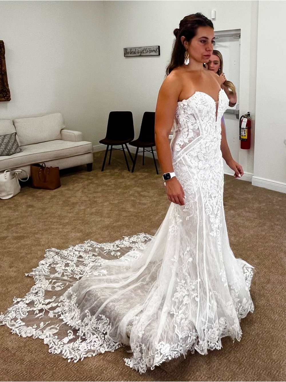 Strapless White Lace Wedding Dress with Scalloped Train, Added on Sleeves.